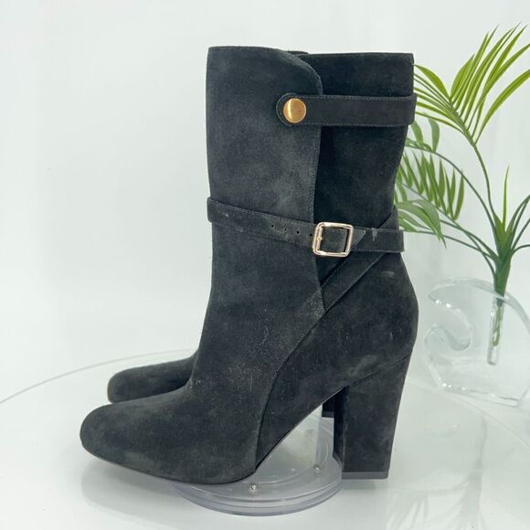 Theory Jodhpur Size 8.5 Mid Calf Black Suede Heeled Ankle Boots Booties Strap - Picture 5 of 14